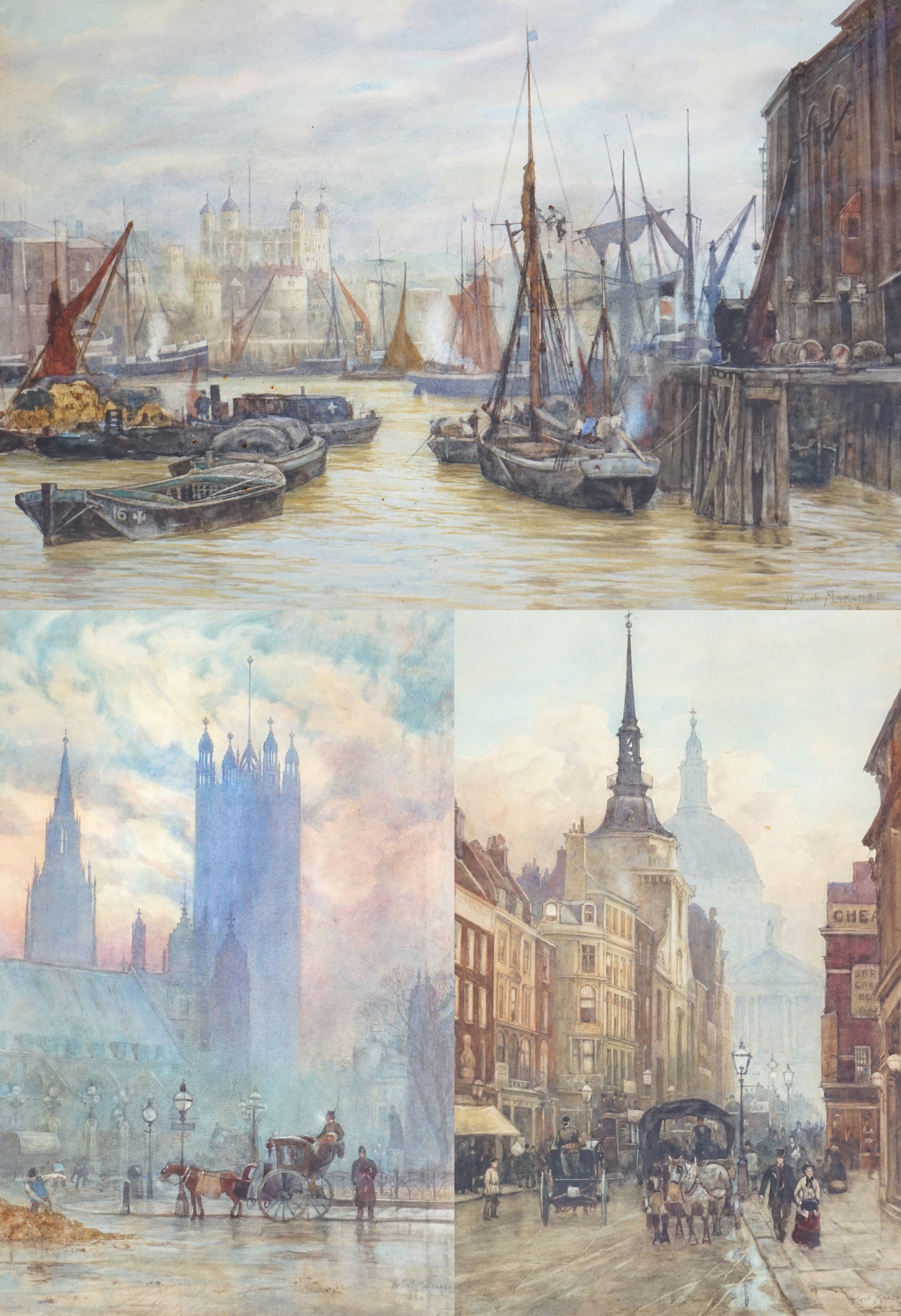 Herbert Marshall (1841-1913), The Tower from the Thames and two London street scenes, watercolours (3), 38 x 56cm and 56 x 36cm